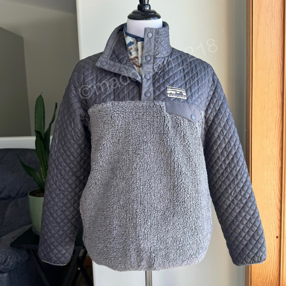 Patagonia Mixed Media Snap-T Pullover Medium Forge Grey Sherpa Quilted Jacket M